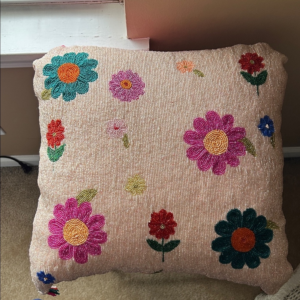 Floral Bead Embroidery Pillow